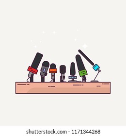 Press Conference Or Interview Podium. News And Journalism Banner. Line Style Microphones. Press Conference Concept Illustration.