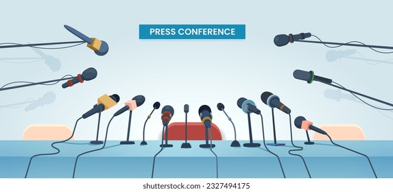 Press conference interview table and microphones. Vector public or mass media event for tv and radio journalists, interview, news report, politics debate or presentation. Cartoon press conference room