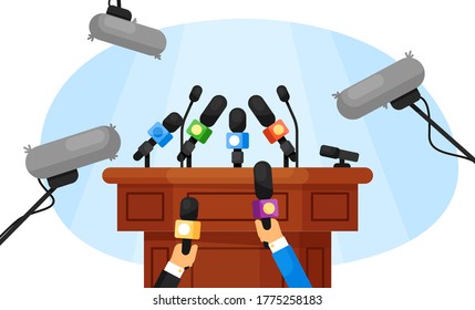 Press conference. Isolated empty tribune and journalist hands holding microphones. Vector mass media journalism, news, press conference concept illustration