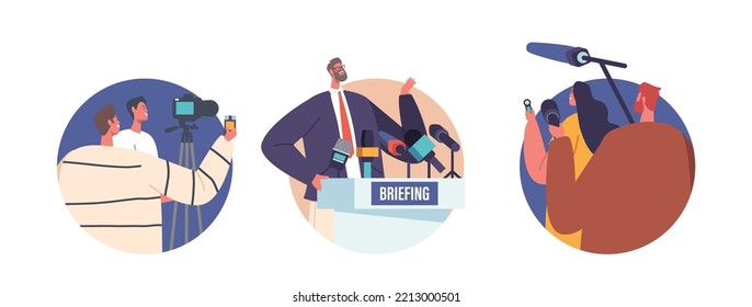 Press Conference Isolated Round Icons, Avatars. Man on Tribune Speak to Audience, Journalists or Press Media Workers Characters with Microphones, Photo and Video Cameras. Cartoon Vector Illustration