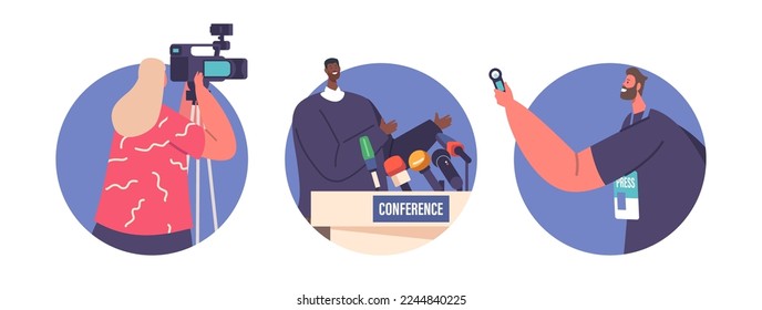 Press Conference Isolated Round Icons, Avatars. Black Man Orator Speaking on Tribune, Journalists or Press Media Workers Characters with Dictaphone and Video Camera. Cartoon Vector Illustration