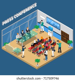 Press conference isometric composition with speakers and auditorium, video and photo shooting on blue background vector illustration 