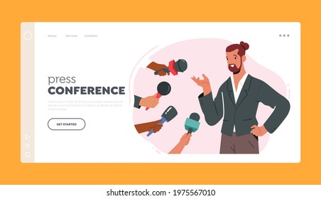 Press Conference Landing Page Template. Businessman, Celebrity or Politician Character Gives Interview and Sharing Opinion with Newspaper Journalists with Microphones. Cartoon Vector Illustration