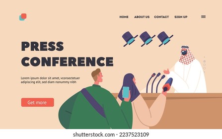 Press Conference Landing Page Template. Mass Media Announcement, Live News Tv Broadcasting with Saudi Politician on Tribune with Microphones and Journalists. Cartoon People Vector Illustration