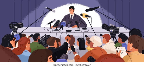 Conferencia de prensa. El líder se comunica con la audiencia en la reunión. El presidente informa de noticias en micrófono para la multitud de periodistas. Portavoz con discurso de entrevista para medios masivos. Ilustración vectorial plana