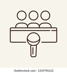 Press conference line icon. Microphone, mic, audience. Mass media concept. Can be used for topics like interview, speech, event