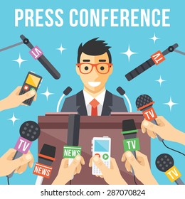 Press conference. Live report, live news concept. Many hands of journalists with microphones, dictaphones and handsome smiling man standing at the rostrum and giving interview. Vector illustration