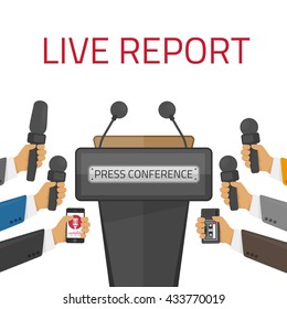 Press conference. Live report, live news concept. Many hands of journalists with microphones. Tribune with microphones. Conference and debate, tribune for seminar. Vector illustration in flat style.