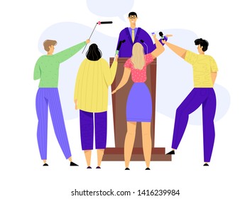 Press Conference Mass Media Interview. Man Standing on Tribune with Microphones. TV News Concept with Speaker and Journalists. Vector flat illustration