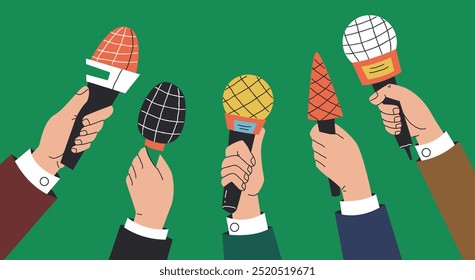 Press conference mic news interview journalist media camera microphone concept. Vector graphic design element illustration