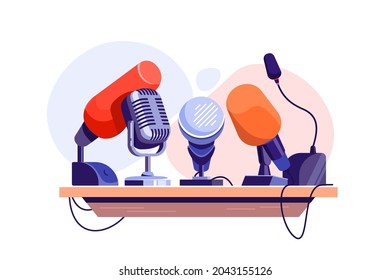 Press conference with microphone on tribune vector illustration. Record human voice flat style. Journalism, interview, public speech concept