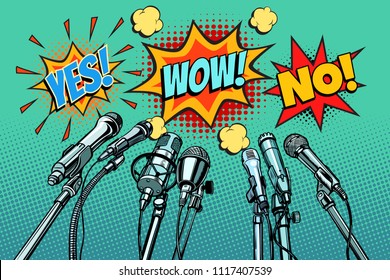 press conference microphones background, Yes no wow. Pop art retro vector illustration kitsch vintage drawing