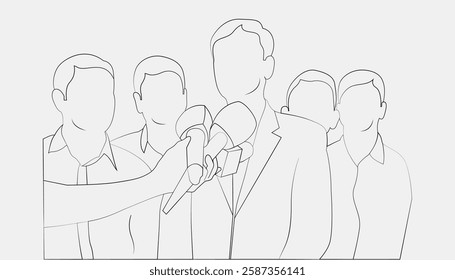 Press conference microphones black and white 2D cartoon objects. Public speaking. Media briefing isolated vector outline.