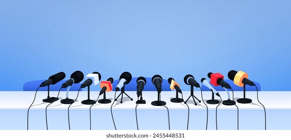 Press conference microphones on table. Cartoon vector background with professional equipment for interview, speech, mass media event, news, report, presentation, broadcasting, journalism or politics