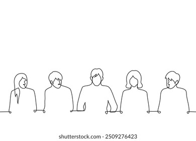 press conference with people in suits sitting at a long table on one side - one line art vector. concept officials, businessmen and businesswomen. Handmade vector not AI