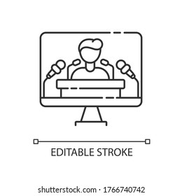 Press conference pixel perfect linear icon. TV broadcasting of special announcement. Thin line customizable illustration. Contour symbol. Vector isolated outline drawing. Editable stroke