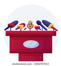 Press conference podium. Empty stage with microphones, speech presentation tribune cartoon style. Public speaker platform nowaday vector element