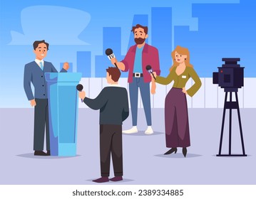 Press conference of politician or businessman scene flat style, vector illustration. Journalists of different TV-channels holding microphones, speaking man behind podium