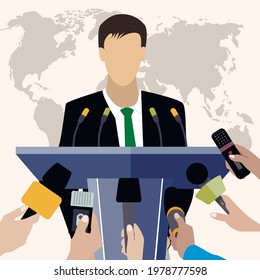 Press conference of president, politician speaker, reporter interview public, television broadcasting government presentation, claim urgently and worldwide reportage, vector illustration