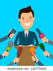 Press Conference. Public speaker, interview with journalists. Cartoon vector illustration