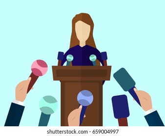 Press Conference, Public Speaker vector illustration in flat style. Live report, news concept. Many journalists's hands with microphones and woman standing at the rostrum and giving interview.