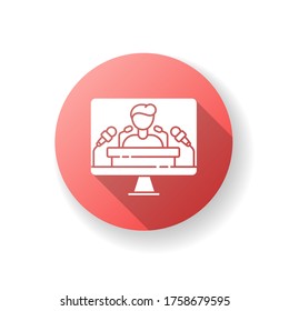 Press conference red flat design long shadow glyph icon. TV broadcasting of special announcement. Public presentation. Interview with corporate leader. Silhouette RGB color illustration