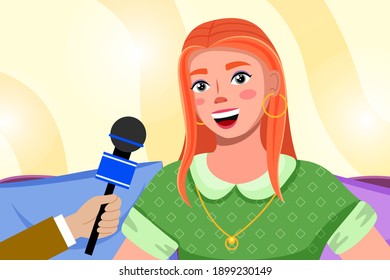Press conference with red-haired woman. Journalist with microphone interviews a superstar girl. Young female character with gold accessories while recording. Correspondent holds special equipment