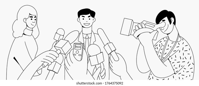 

Press conference  reporter hands with microphones and recorder. cameraman TV News. Doodle simple line style drawing vector illustation