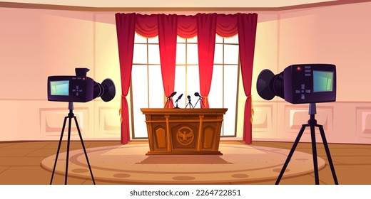 Sala de conferencia de prensa lista para ser entrevistado. Dibujo vectorial de las cámaras frente a la tribuna de madera con micrófonos, habitación con ventana grande. Discurso público, declaración oficial o anuncio