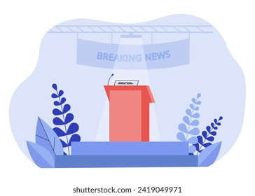 Press conference scene vector illustration. Podium stand and microphone. Mass media, breaking news concept
