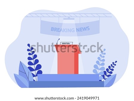 Press conference scene vector illustration. Podium stand and microphone. Mass media, breaking news concept