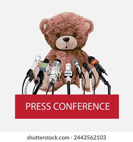 press conference slogan with bear doll and media microphones hand drawn vector illustration