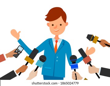 Press conference with a smiling boy. Journalists with microphones interview a businessman. Young male character in a business suit isolated on white background. Correspondents hold special equipment