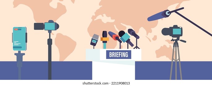 Press Conference Studio Interior, Empty Room With Tribune, Microphones and Cameras on World Map Background. Professional Media Industry, Briefing, Politics Concept. Cartoon Vector Illustration