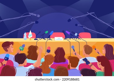 Press Conference Table. Crowd Journalists With Microphones In Speech Auditorium Empty Scene For News Report Interview Politician Forum Or Media Person, Vector Illustration Of Conference Microphone