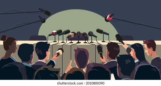 Press conference table with microphones, empty chair, reporter people crowd waiting for speaker. Interview speech media event, news report broadcasting, journalism flat vector isolated illustration - Shutterstock ID 2010800390
