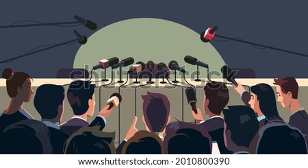 Press conference table with microphones, empty chair, reporter people crowd waiting for speaker. Interview speech media event, news report broadcasting, journalism flat vector isolated illustration