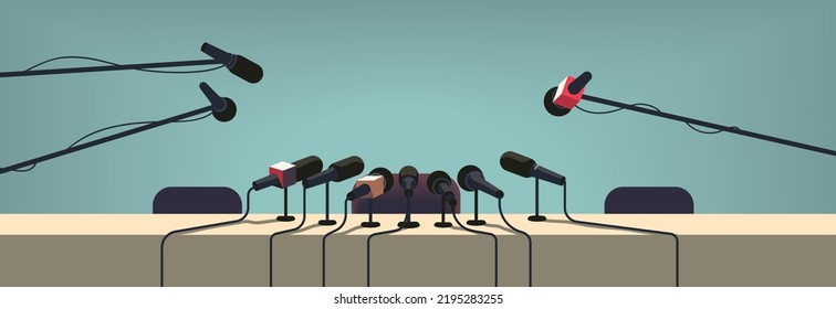 Press conference table with microphones equipment, empty chairs. Interview speech mass media event, news report presentation broadcasting, professional journalism, politics flat vector illustration