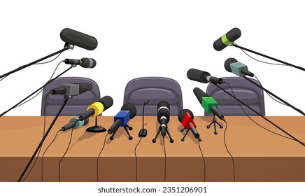 Press conference table with microphones, interior. Live broadcast interview, public speaker speech or announcement, television press conference or news, politics debate vector concept or background