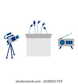 Mesa de conferencia de prensa con micrófonos. Ilustración vectorial en estilo plano con tema de tema social. Ilustración vectorial editable.