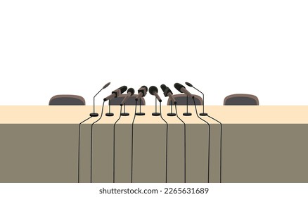 Press conference table or tribune with microphones. Media interviews and answers to questions. Political conference banner, reportage or briefing