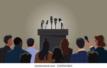 Press conference tribune with microphones. Crowd of journalist and reporter waiting for speaker speech. Media interviews and answers to questions. Live news broadcast. Cartoon flat vector illustration