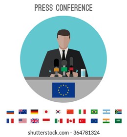 Press conference vector icon with simple flags icons of the countries in flat style.