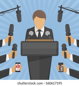 Press conference vector illustration in flat style. Live report, live news concept. Many hands of journalists with microphones, dictaphones and man standing at the rostrum and giving interview. 