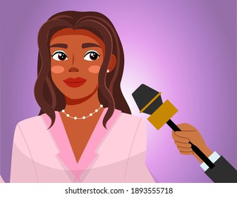 Press conference with woman. Journalist with microphone interviews a famous afro american girl. Social media and famous person. Beautiful female character with makeup and accessories while recording