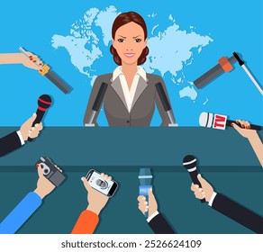 Press conference, world live tv news, interview. hands of journalists with microphones. vector illustration in flat style on blue background with world map