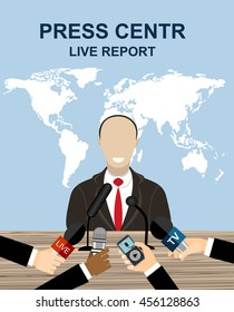 Press conference, world live tv news, interview. hands of journalists with microphones. vector illustration in flat style on blue background with world map