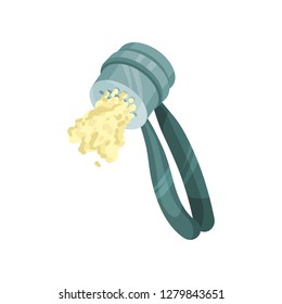 Press with crushed garlic. Steel manual device. Spicy condiment. Kitchen tool. Detailed flat vector icon