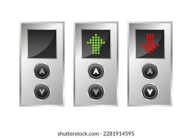 Press the elevator button. Lift buttons isolated on white background. Call elevator. Up and down arrow. Rise to the top or down floor. Vector illustration.