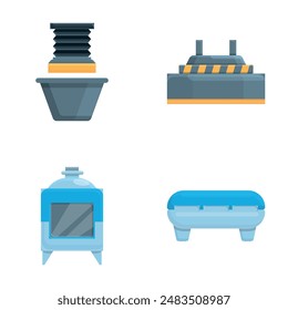 Iconos de equipo de Prensa conjunto de Vector de dibujos animados. Máquina de prensa automática. Industria, metalurgia